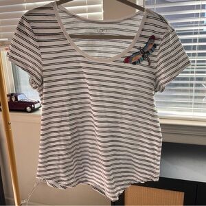 LOFT White and Black Striped Tee with Embroidered Bird